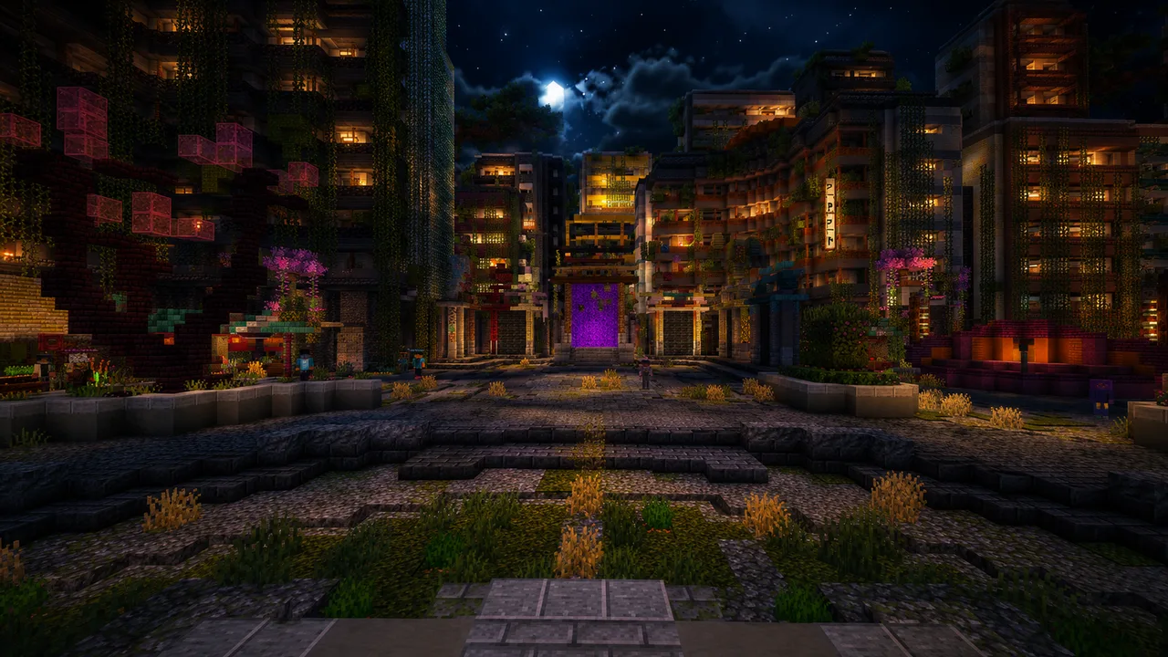 Glowing spawn portal in a night city on Games.Place